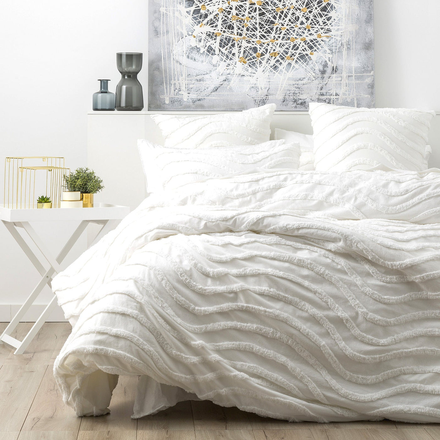 Wave Quilt Cover Tufted Cotton Chenille Set White