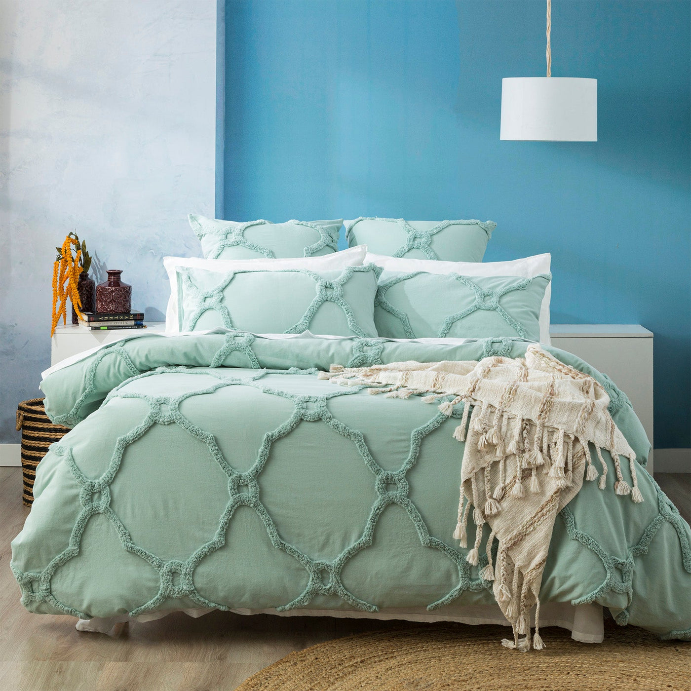 Moroccan Quilt Cover Tufted Cotton Chenille Set Sage