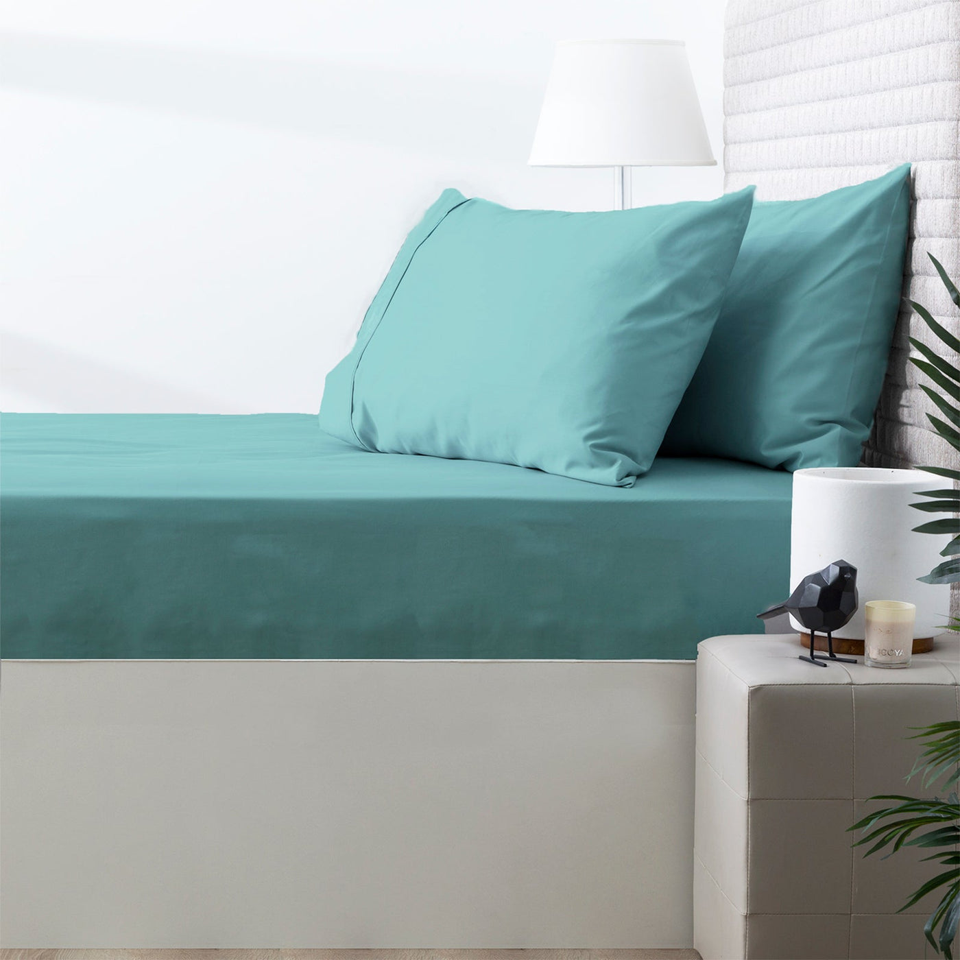Cotton Natural Fitted & pillowcase set Turquoise-No Flat Sheet