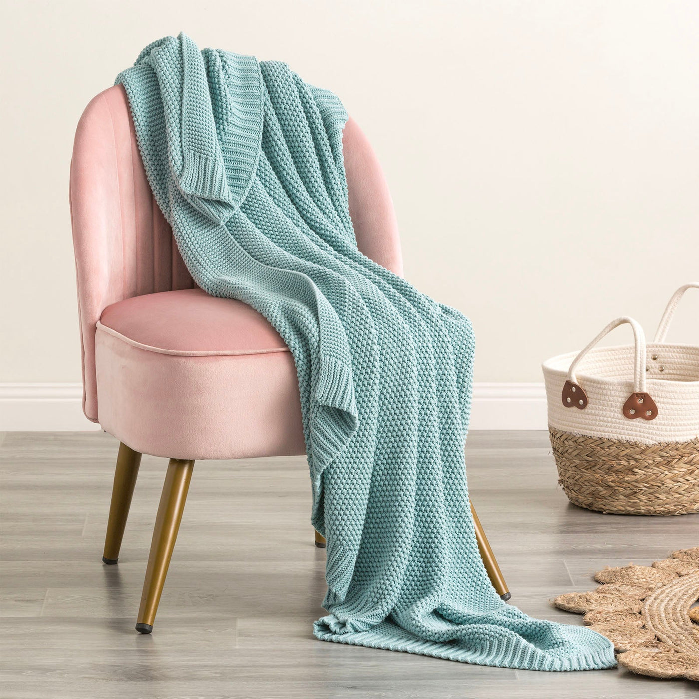 Throw Cotton Knitted Moss French Blue
