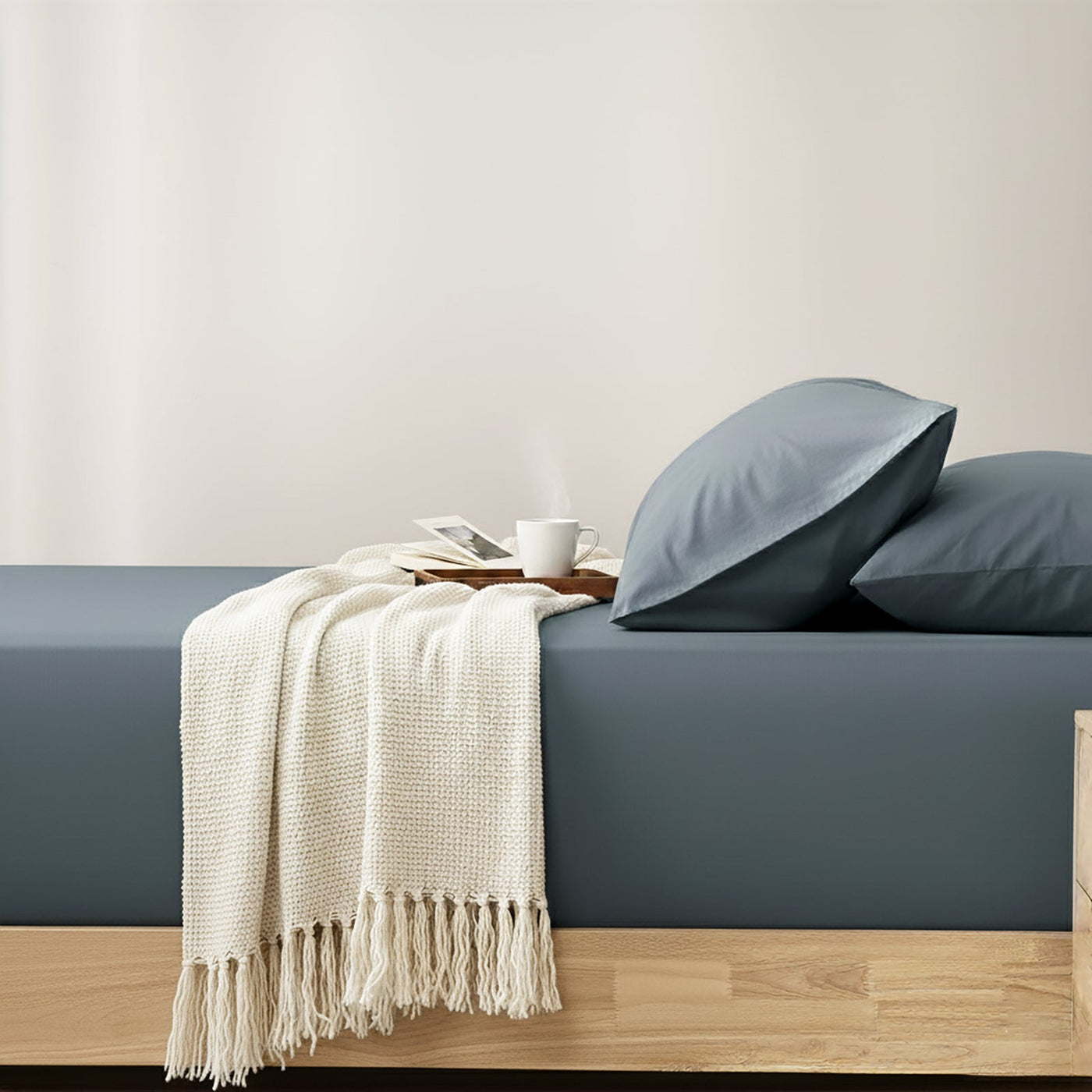 Egyptian Cotton Fitted & Pillow Case Set Steel Blue - No Flat Sheet