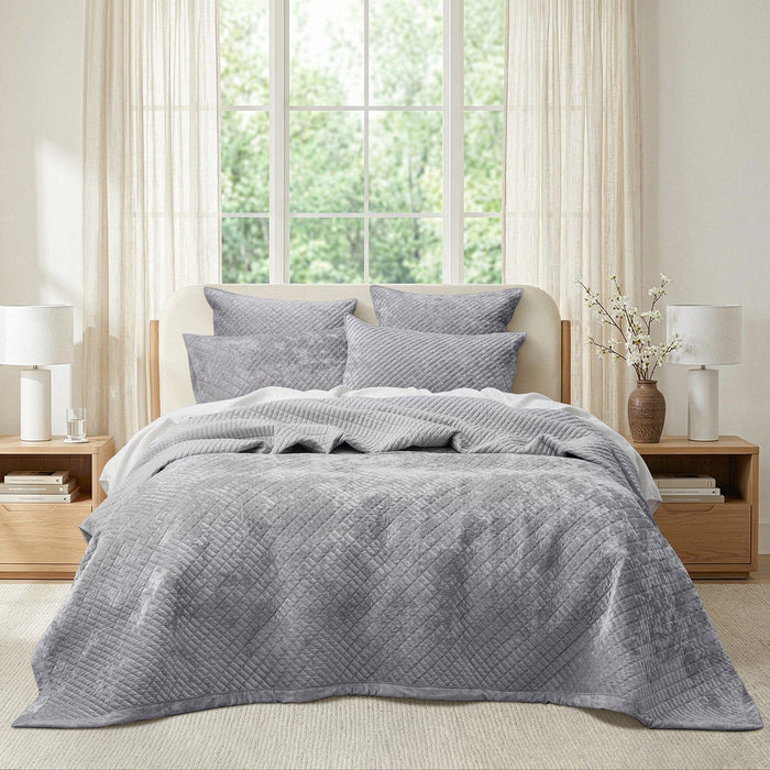 Archie Cross Stitch Velvet Coverlet Set Silver Line