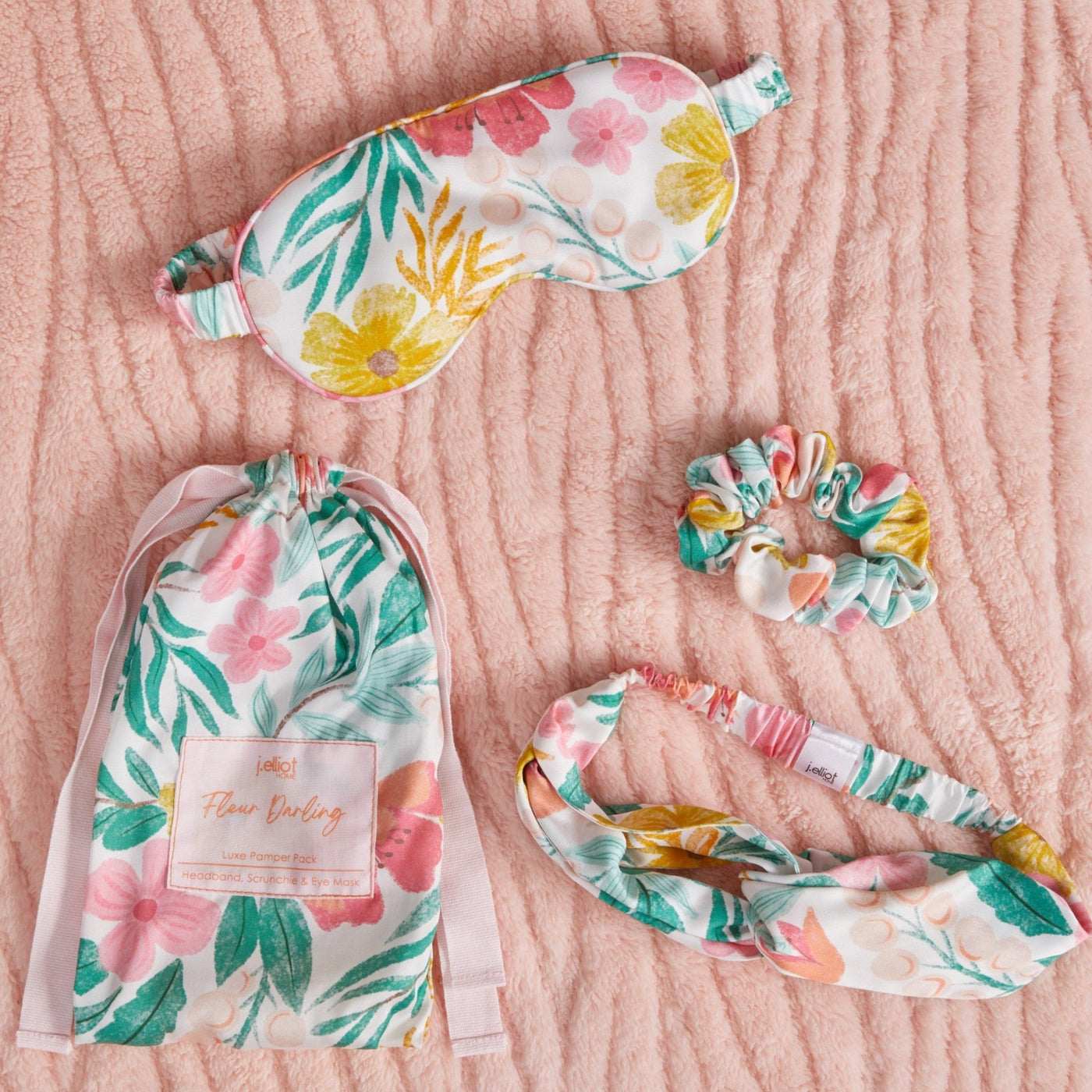 Fleur Darling Eyemask Scrunchie and Headband Pamper Pack Pink & Yellow Floral Multi
