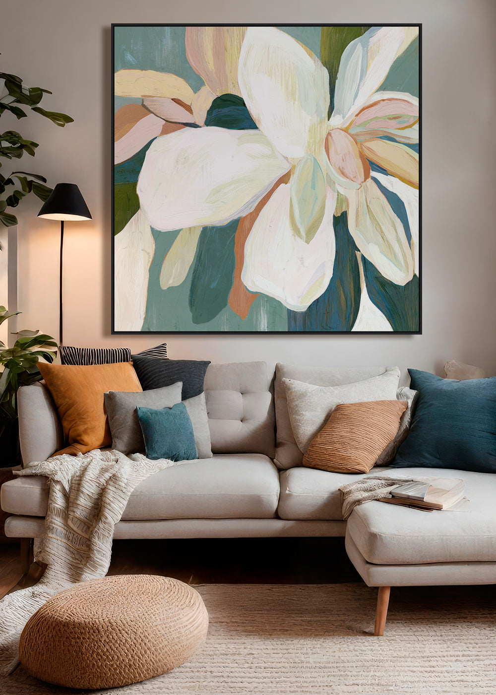 Grace Bloom Framed Canvas 80 x 80 x 4cm White & Green Multi