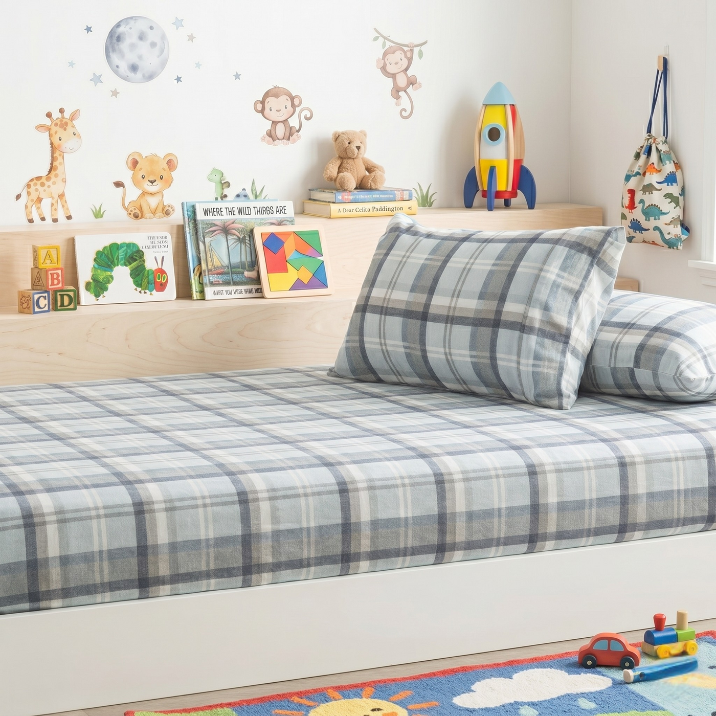 Kids Flannelette Egyptian Cotton Fitted & Pillowcase Set Heather Plaid